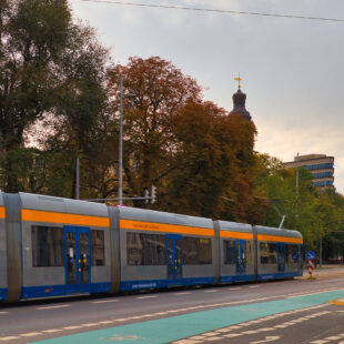 tram at the Thomaskirche stop in Leipzig, Saxony, Germany