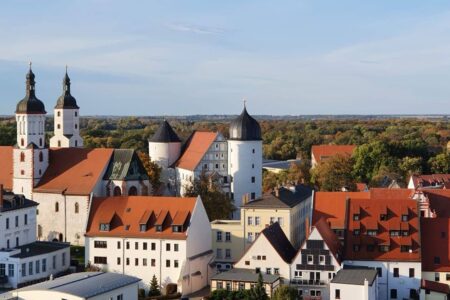 In the middle of the picture you can see Wurzen Castle in good weather and the houses and nature around it.